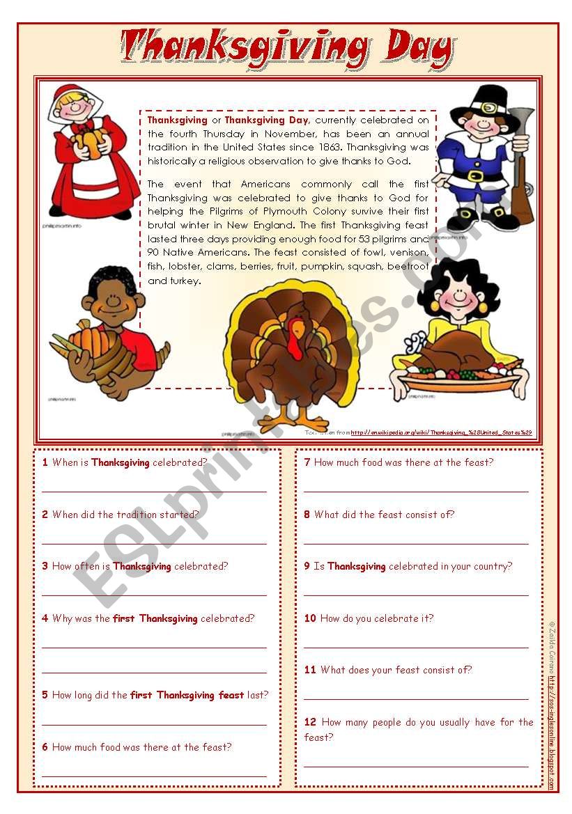 Thanksgiving Day Reading Comprehension editable ESL Worksheet By 