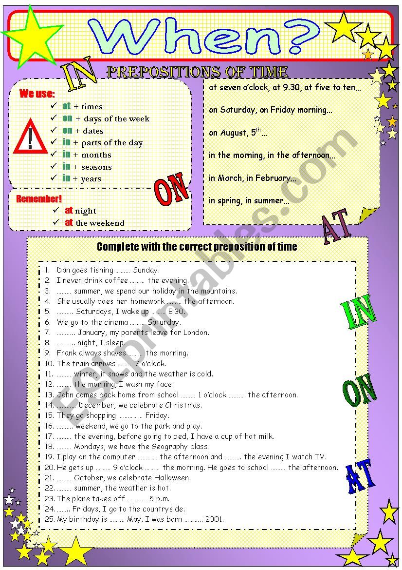 WHEN? - PREPOSITIONS OF TIME worksheet