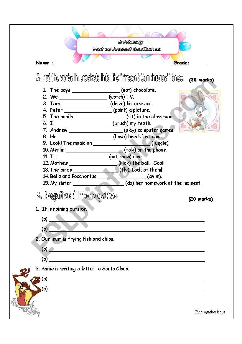 Present Continuous Test Klasa 5 Present Continuous test - ESL worksheet by Mummy1917
