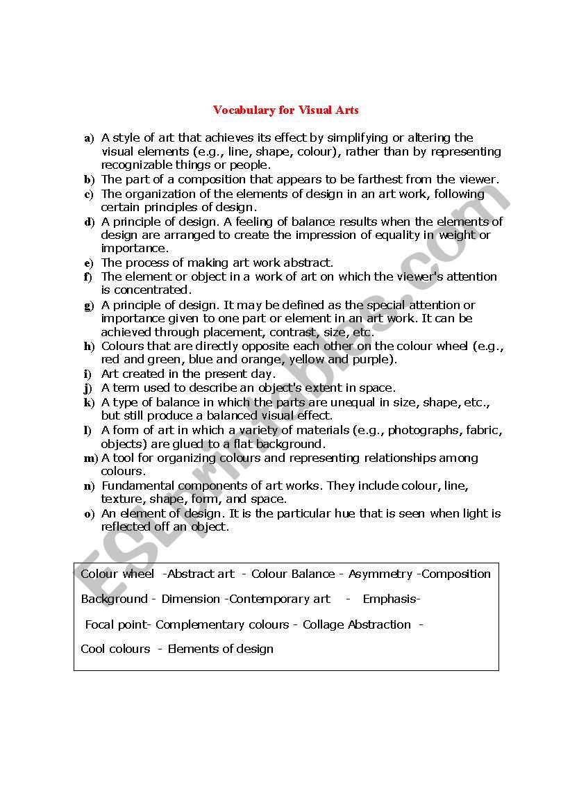 Art vocabulary worksheet