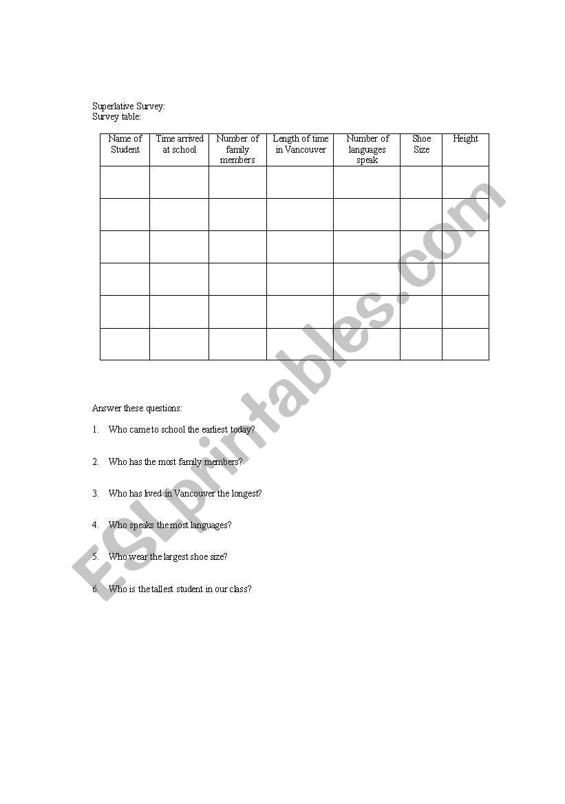 Superlative Questions worksheet