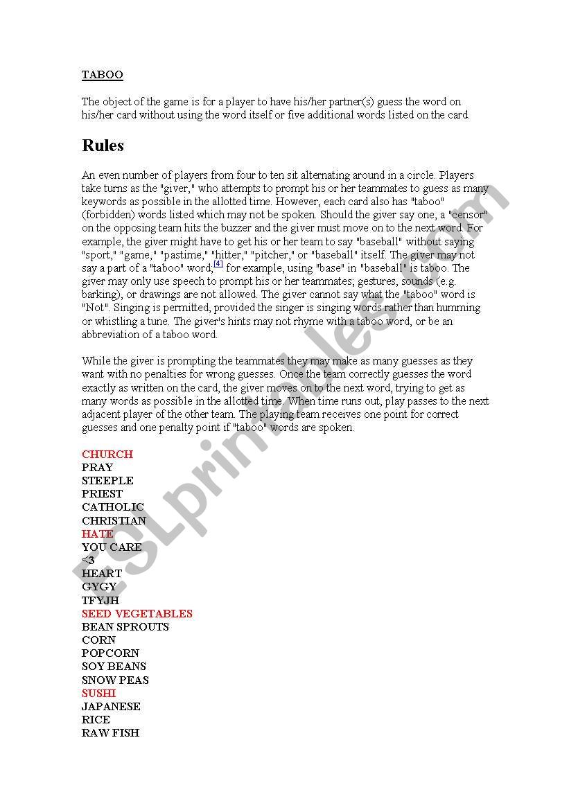 Taboo Rules 2 worksheet