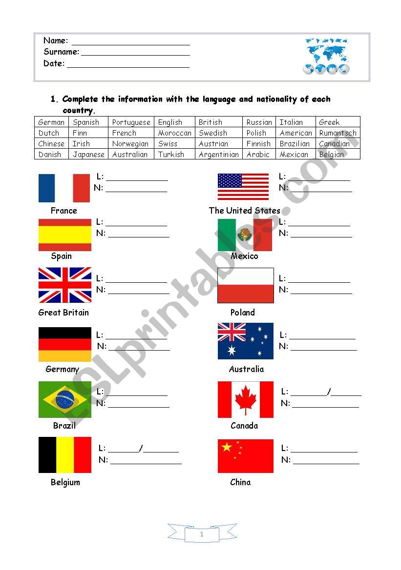 Countries and nationalities worksheet