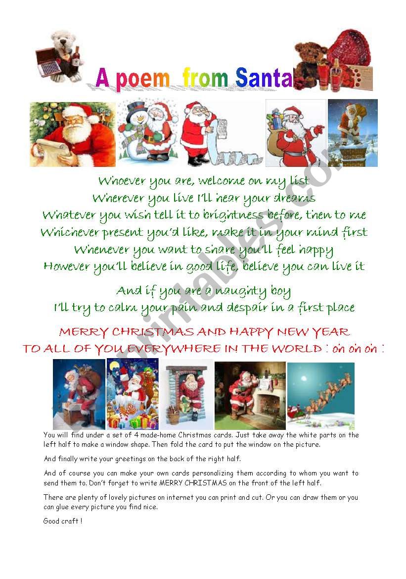 a poem from Santa and ideas for crafted Christmas cards.