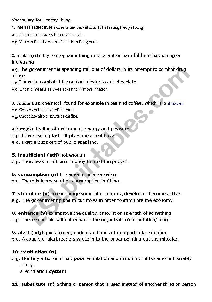 VOCAB FOR HEALTHY LIVING worksheet