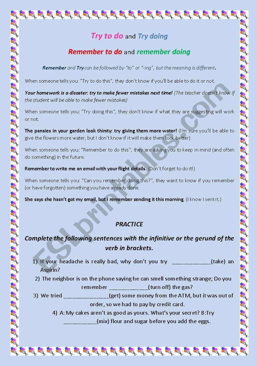 Try and remember + do or -ing worksheet