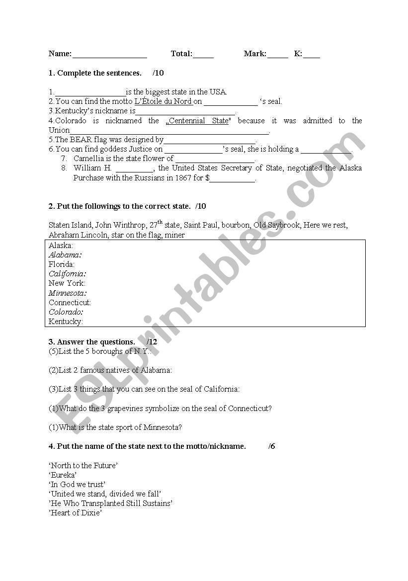 States of the USA test worksheet