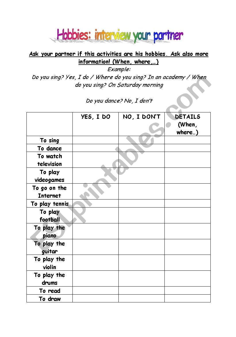 HOBBIES INTERVIEW worksheet