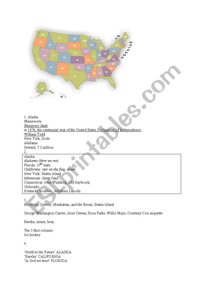Key to States of the USA worksheet