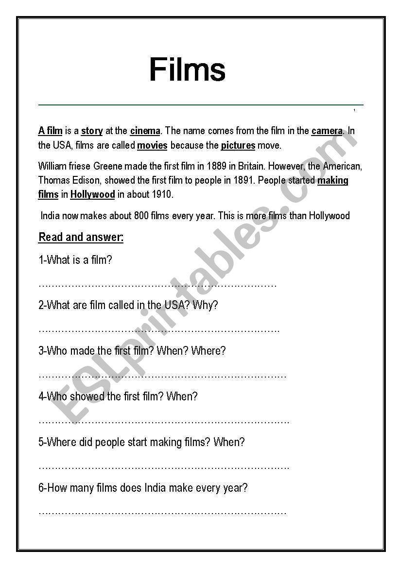 films worksheet