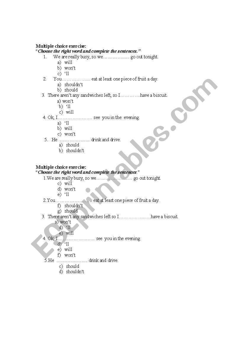 Multiple Choice Exercise worksheet