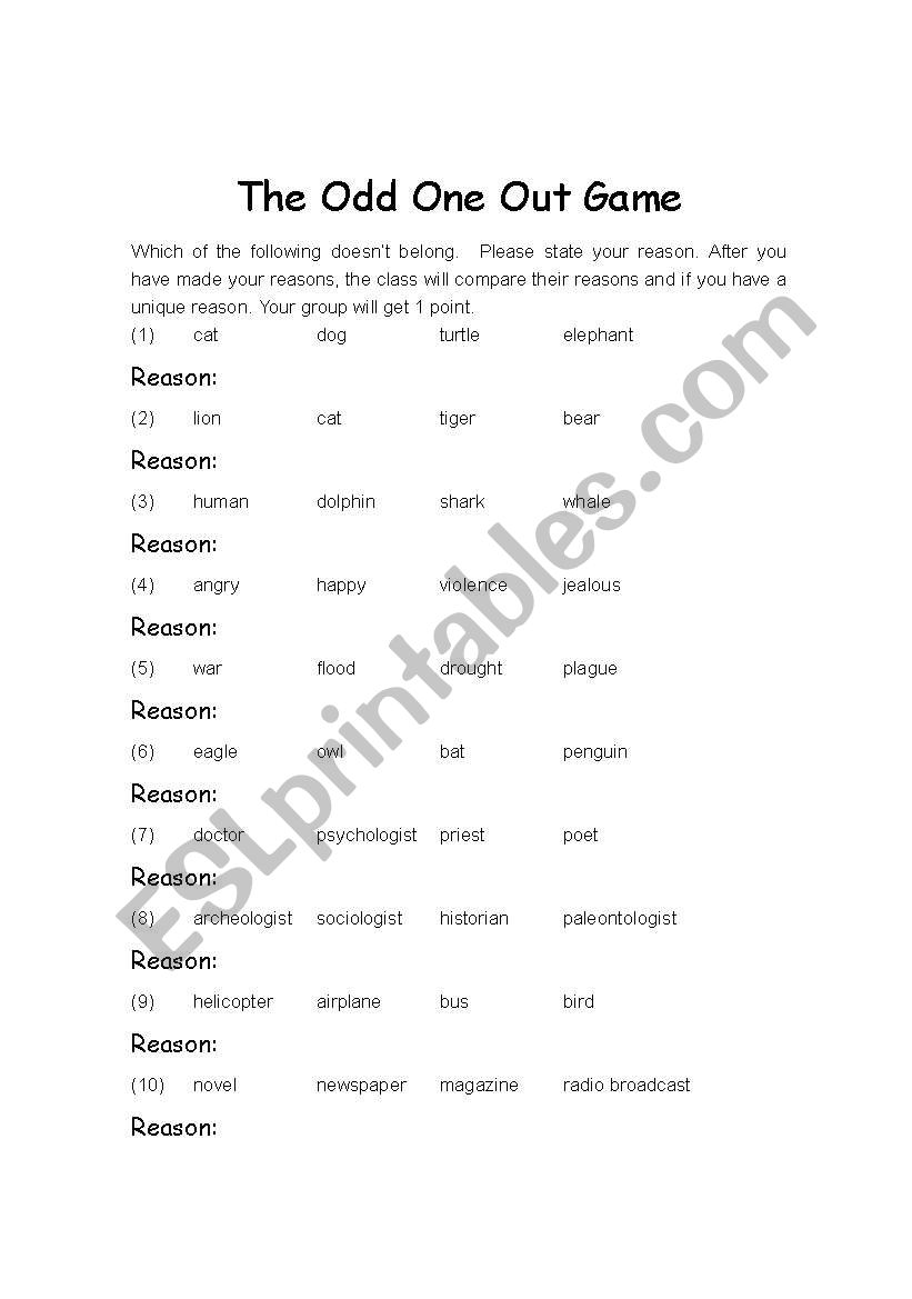 the odd one out worksheet