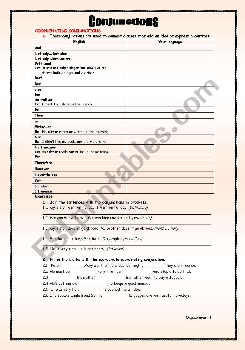 Conjunctions worksheet