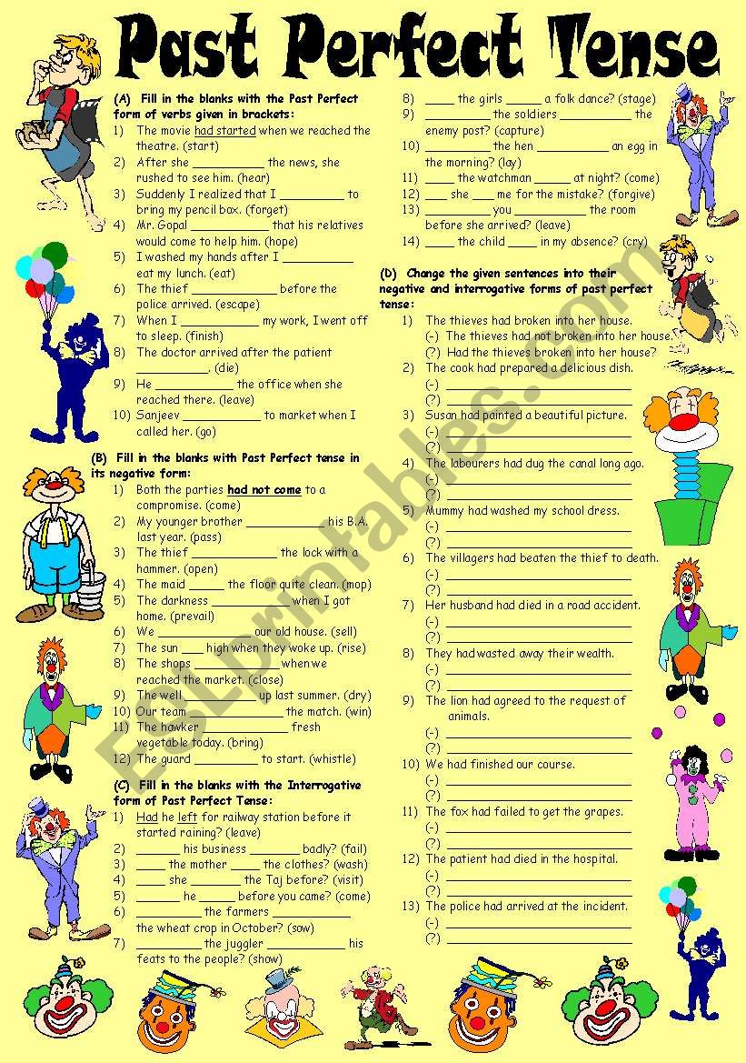 Exercises on Past Perfect Tense  Positive, Negative & Interrogative Forms (Editable with Key)