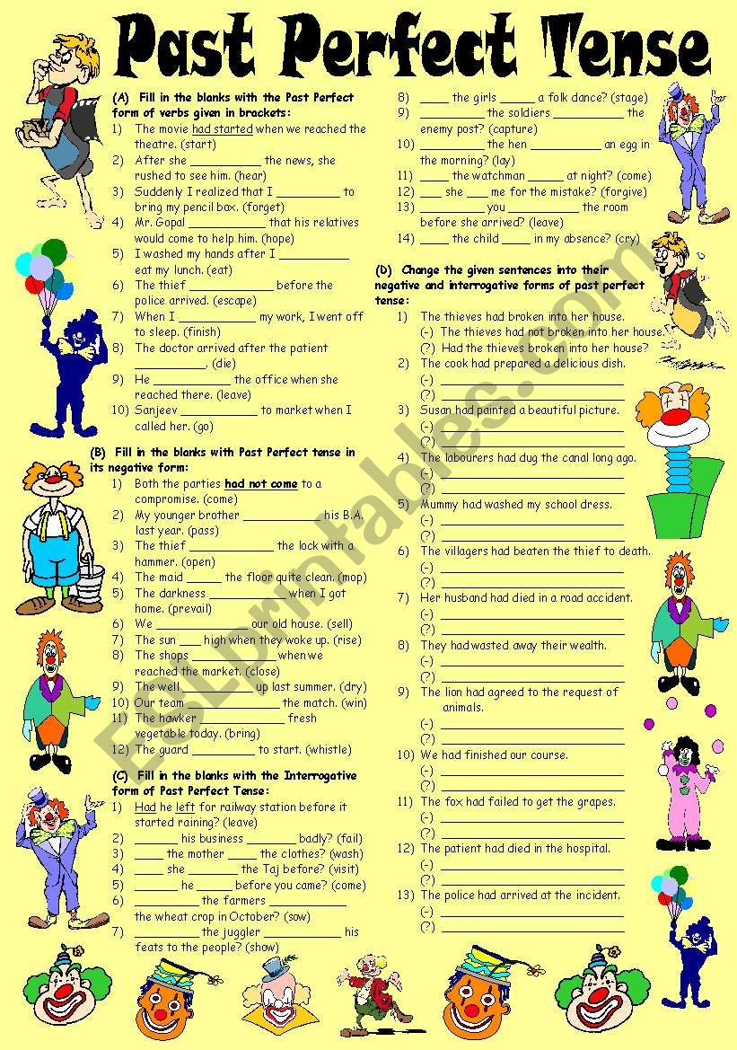 Exercises on Past Perfect Tense â€“ Positive, Negative & Interrogative Forms (Editable with Key)