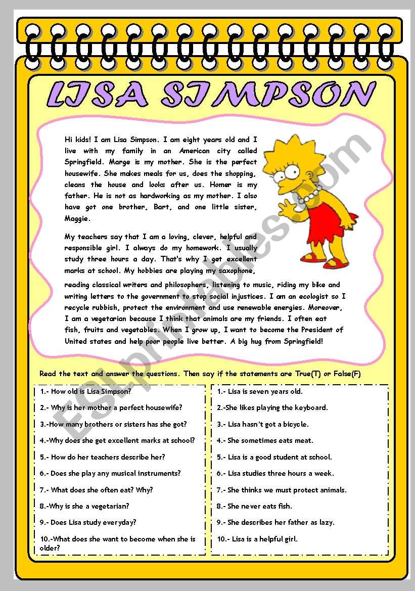 LISA SIMPSON: HER PROFILE worksheet