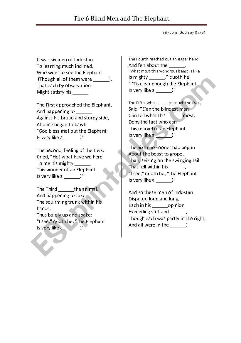 The 6 blind men,  By John Godfrey Saxe