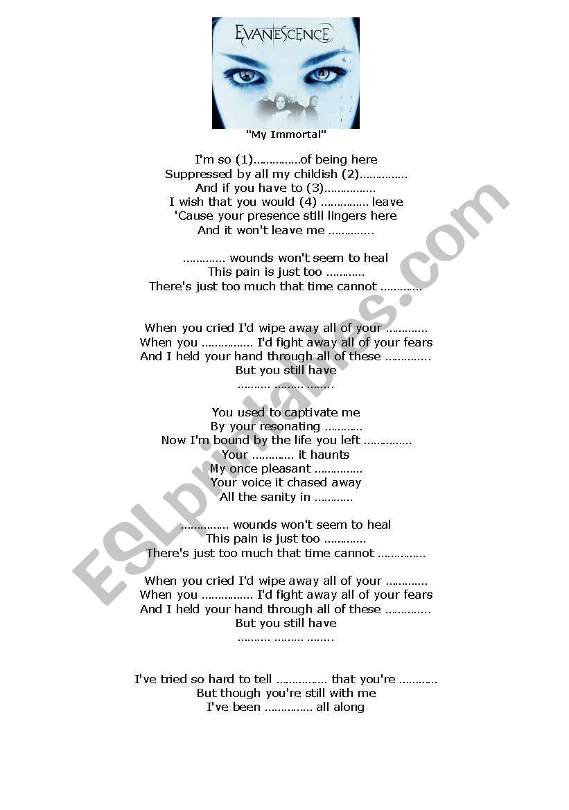 MY IMMORTAL BY EVANESCENCE worksheet