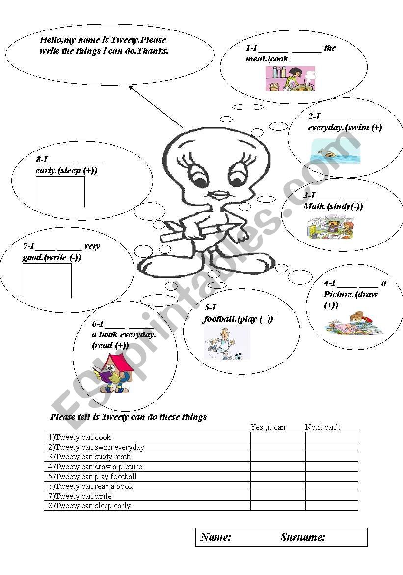What can Tweety do? worksheet