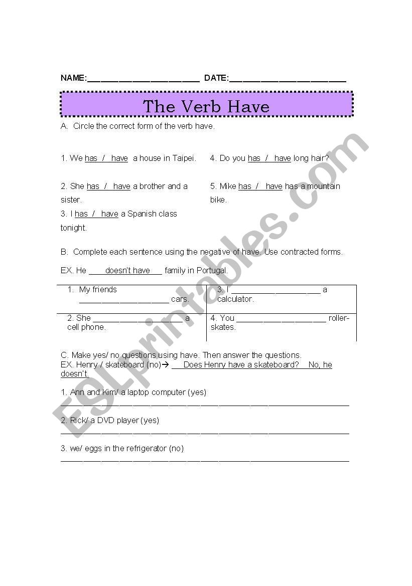 The verb have worksheet