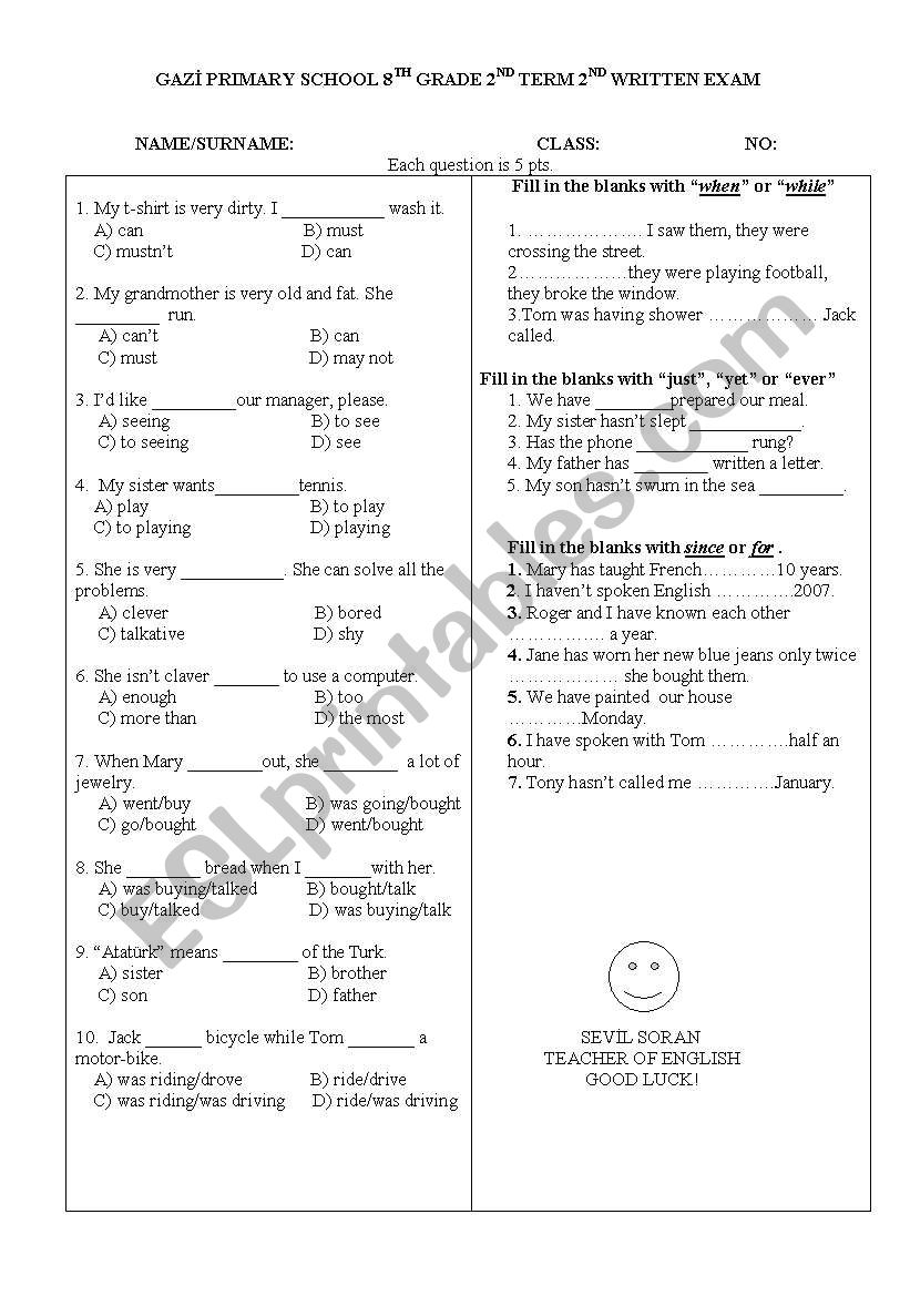 8th grade exam worksheet