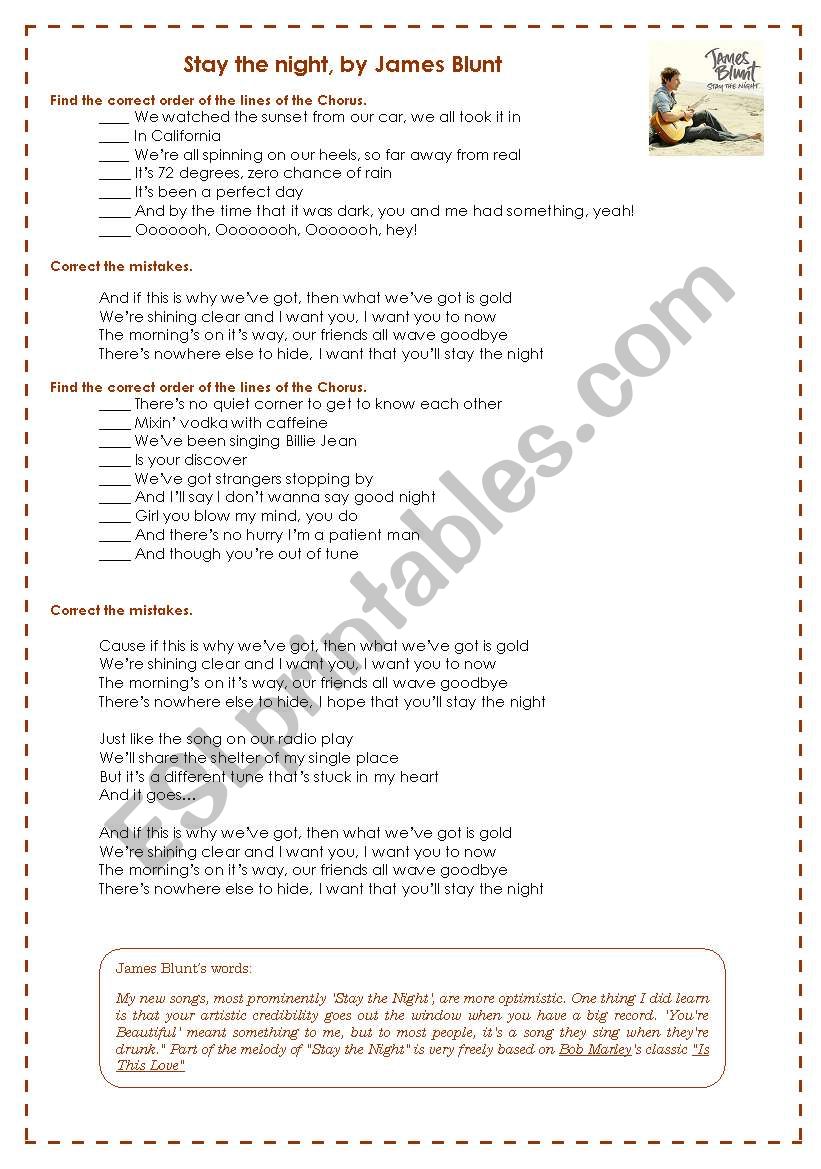 Stay the night by James Blunt worksheet