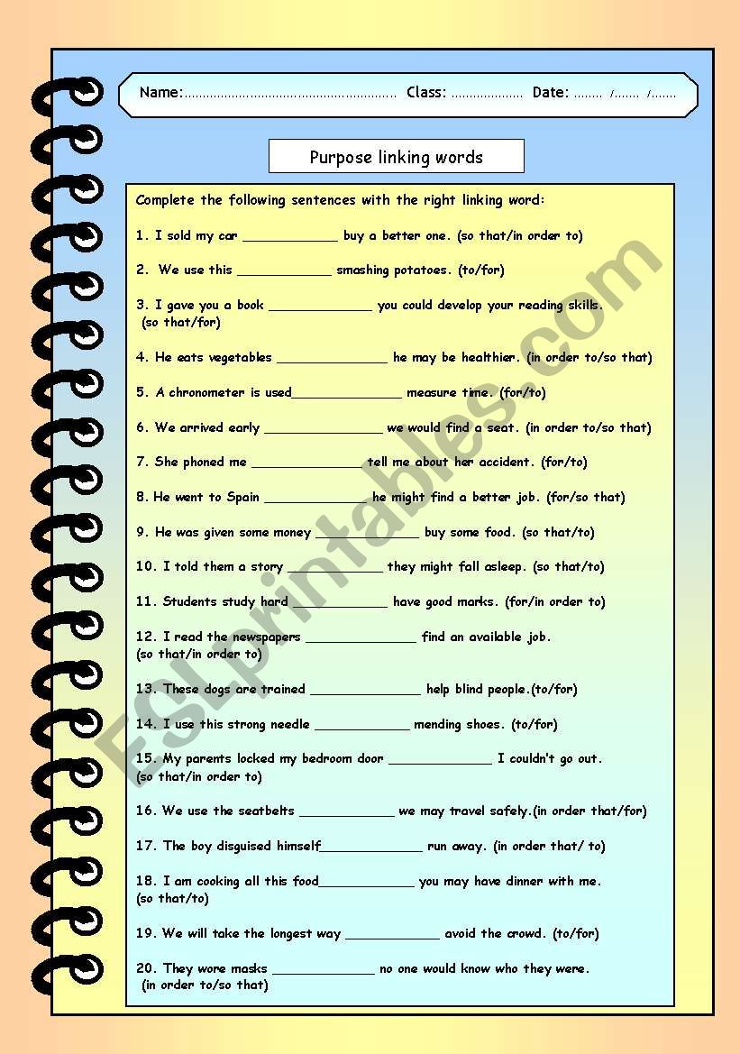 Purpose linking words worksheet