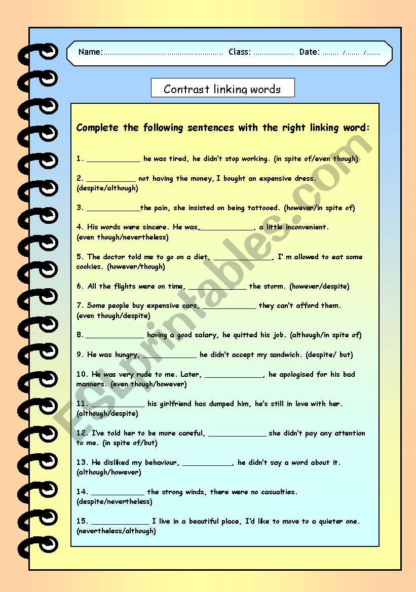 Contrast linking words worksheet