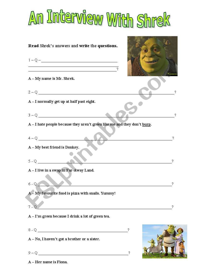 An Interview With Shrek worksheet