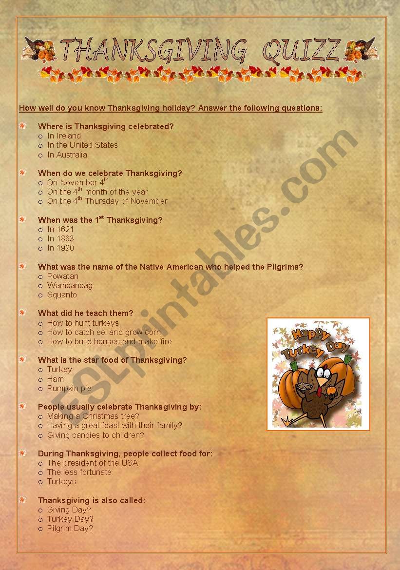 THANKSGIVING QUIZZ worksheet