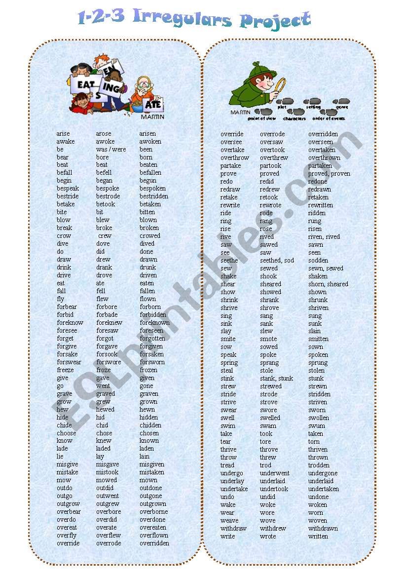 ALL IRREGULAR VERBS type 1-2-3 + BOARDGAME + SPINNER + Grammar Review + 22 GAMES + fill-in ex + HOLMES READING --13_PAGES - A2-B2 level