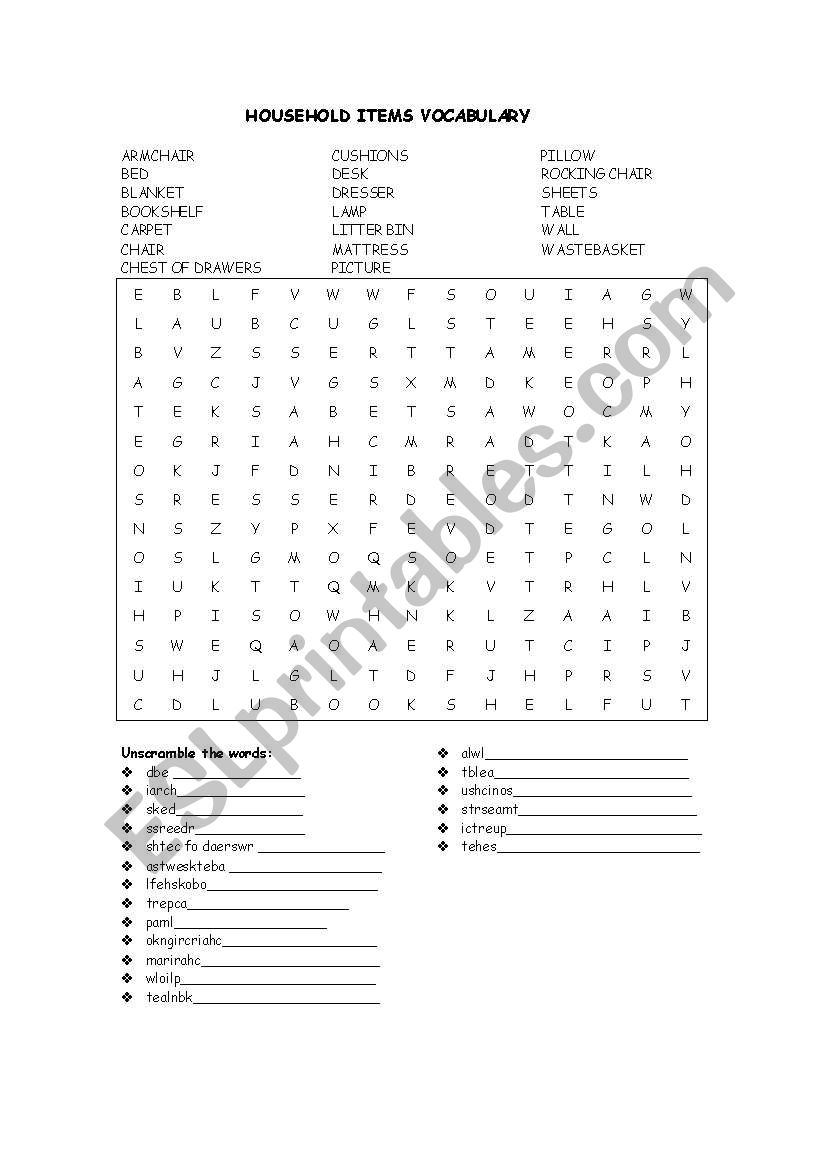 Household items vocabulary worksheet