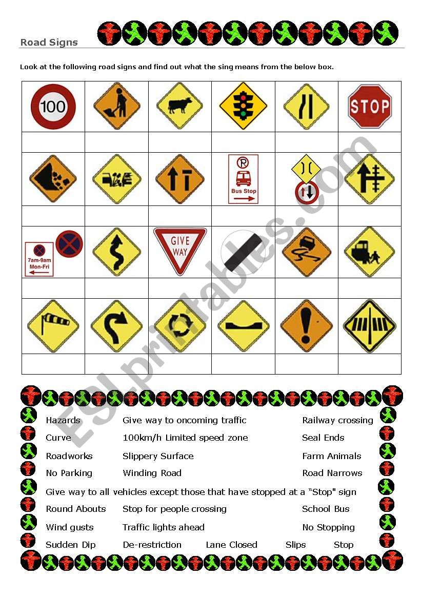 Road signs worksheet