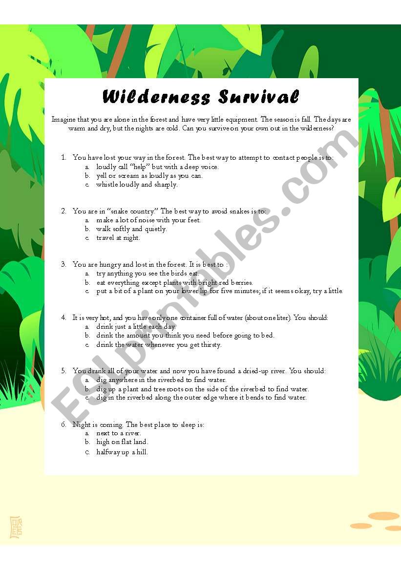 Wilderness Survival Activity worksheet