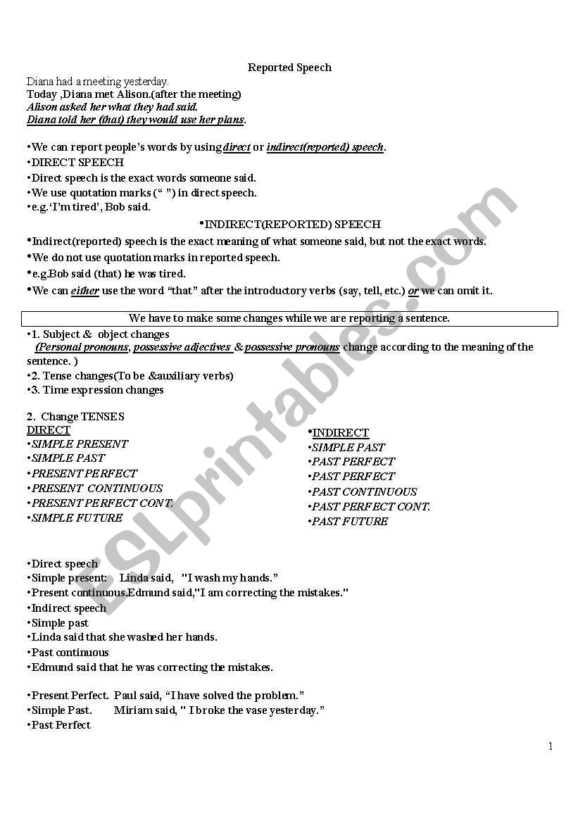 worksheet on reported speech worksheet