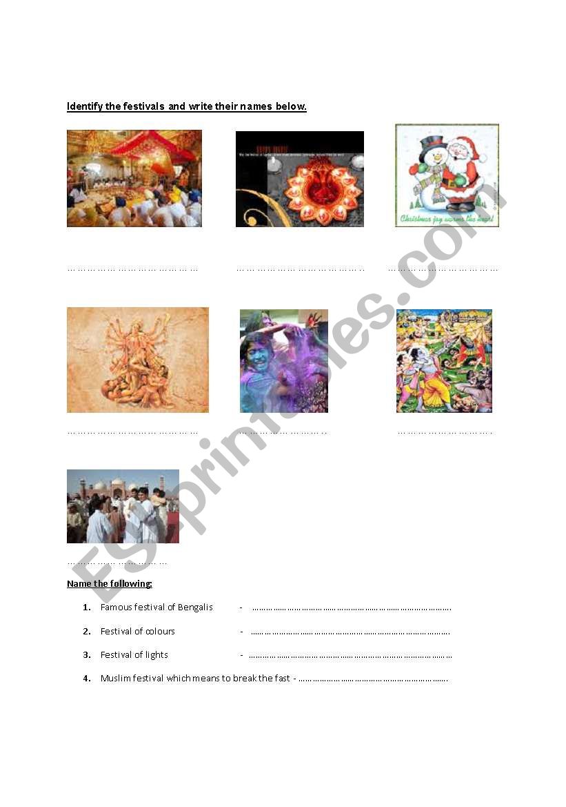 Religious festivals worksheet