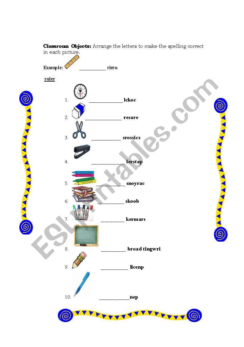 Classroom Objects worksheet