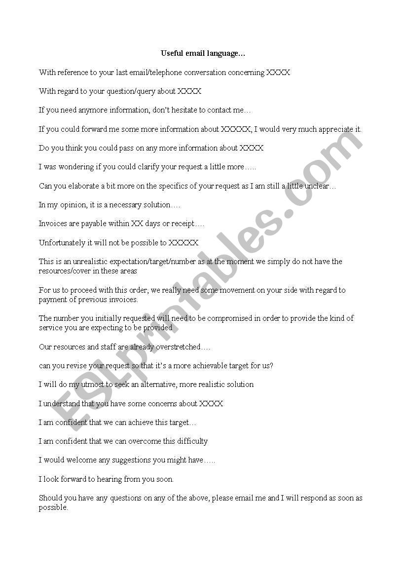 Useful email langauge worksheet