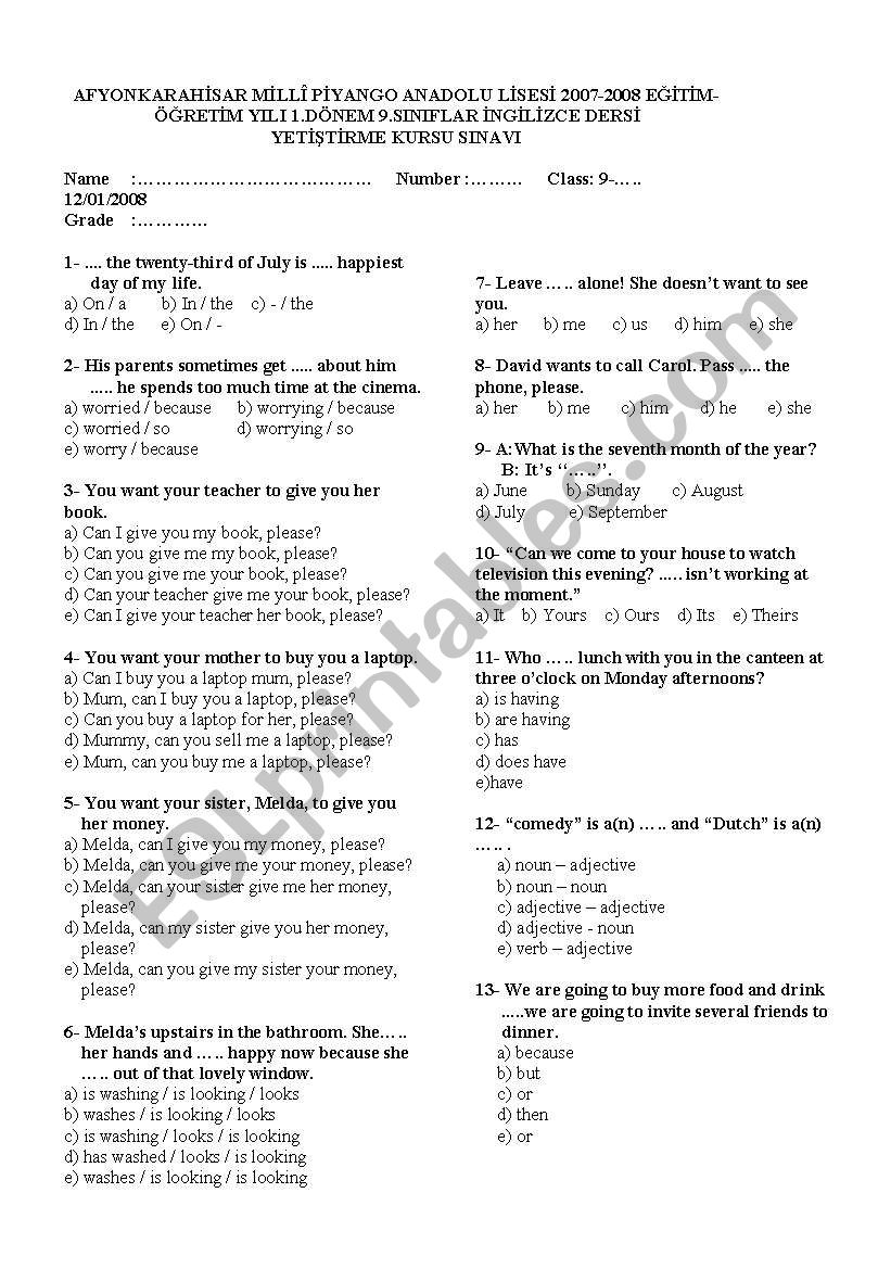 revision exam worksheet