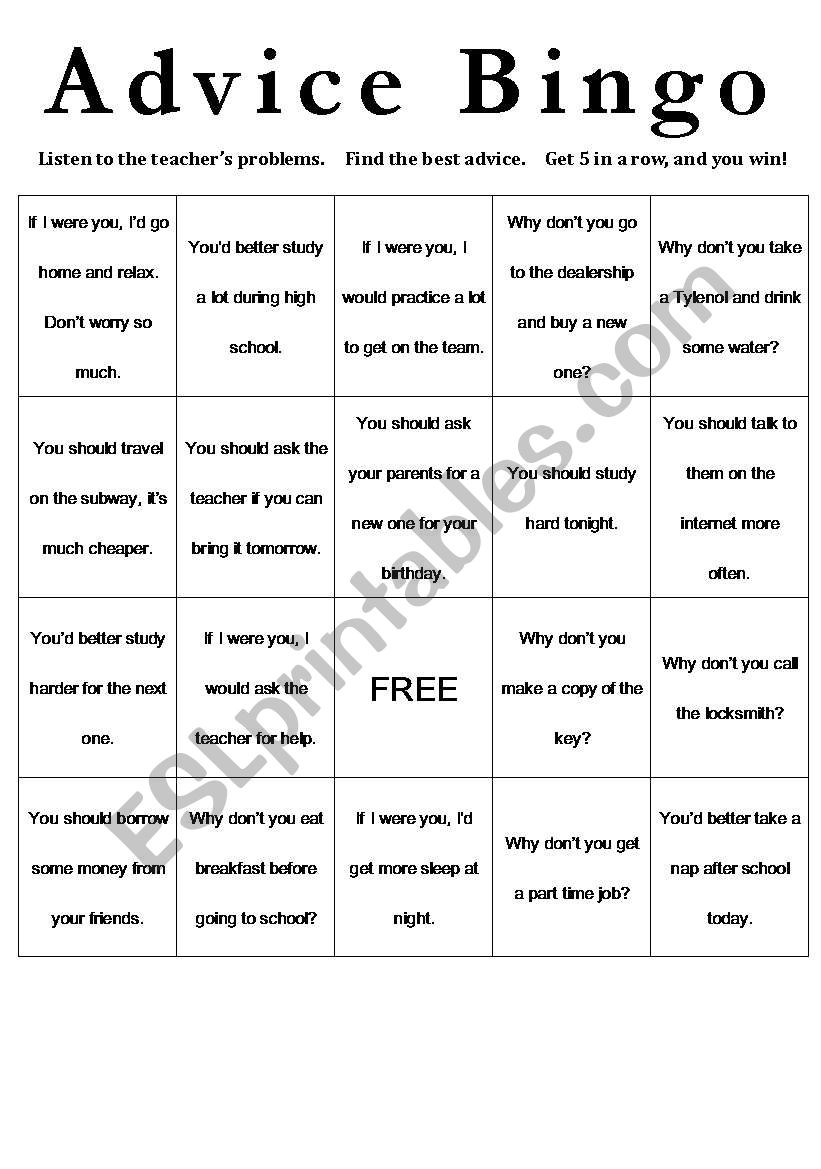 Advice Bingo worksheet