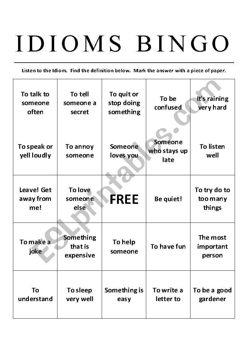 Idioms Bingo worksheet