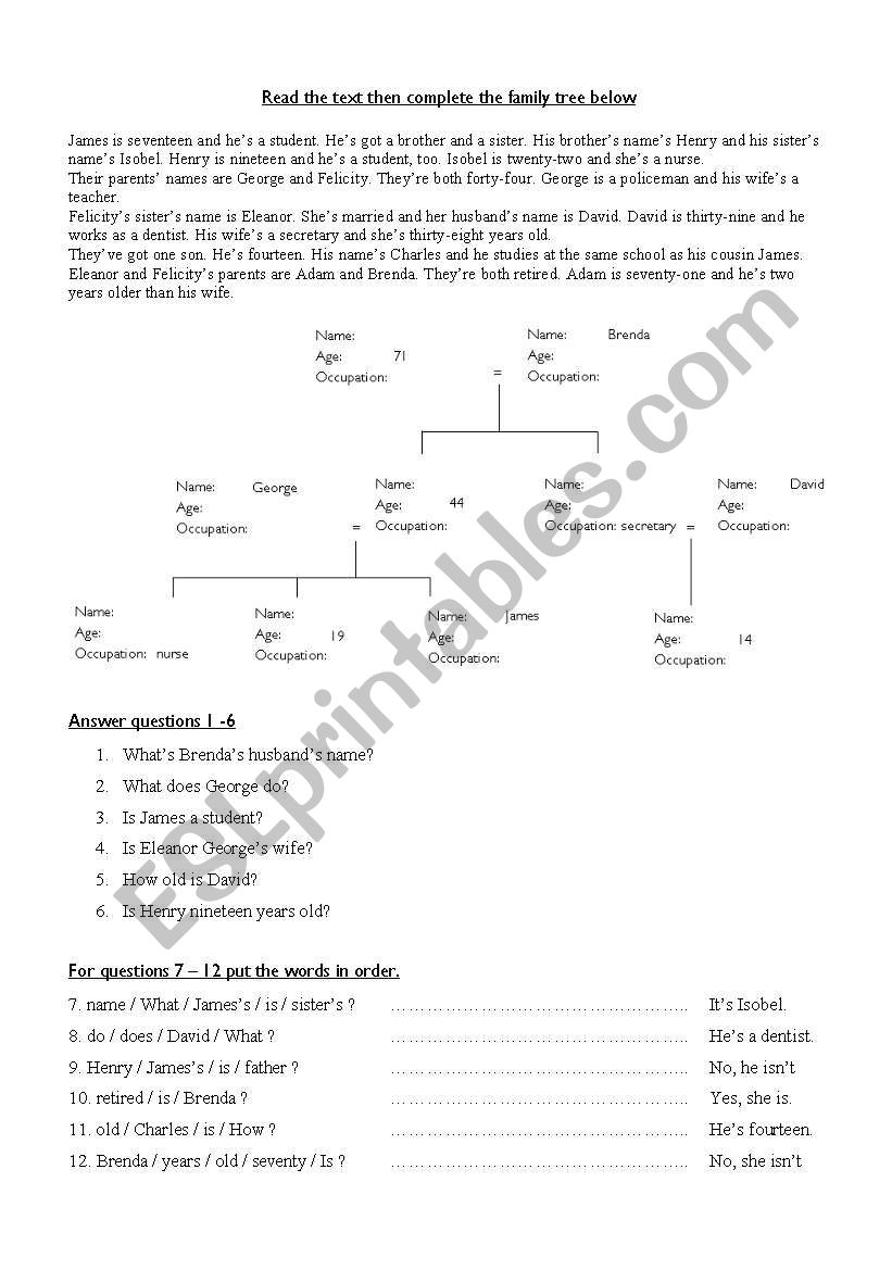 Family Tree worksheet