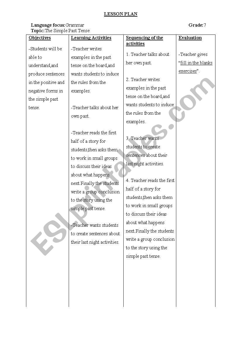 Lesson Plan(The Simple Past Tense)