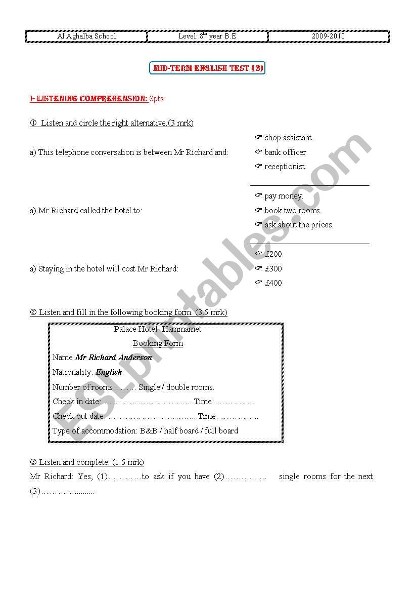 mid-term test 8th form  worksheet