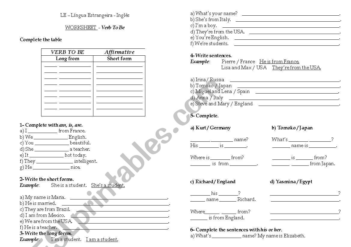 verb to be worksheet