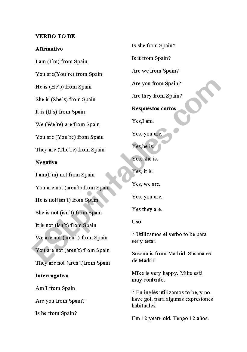 verb to be worksheet