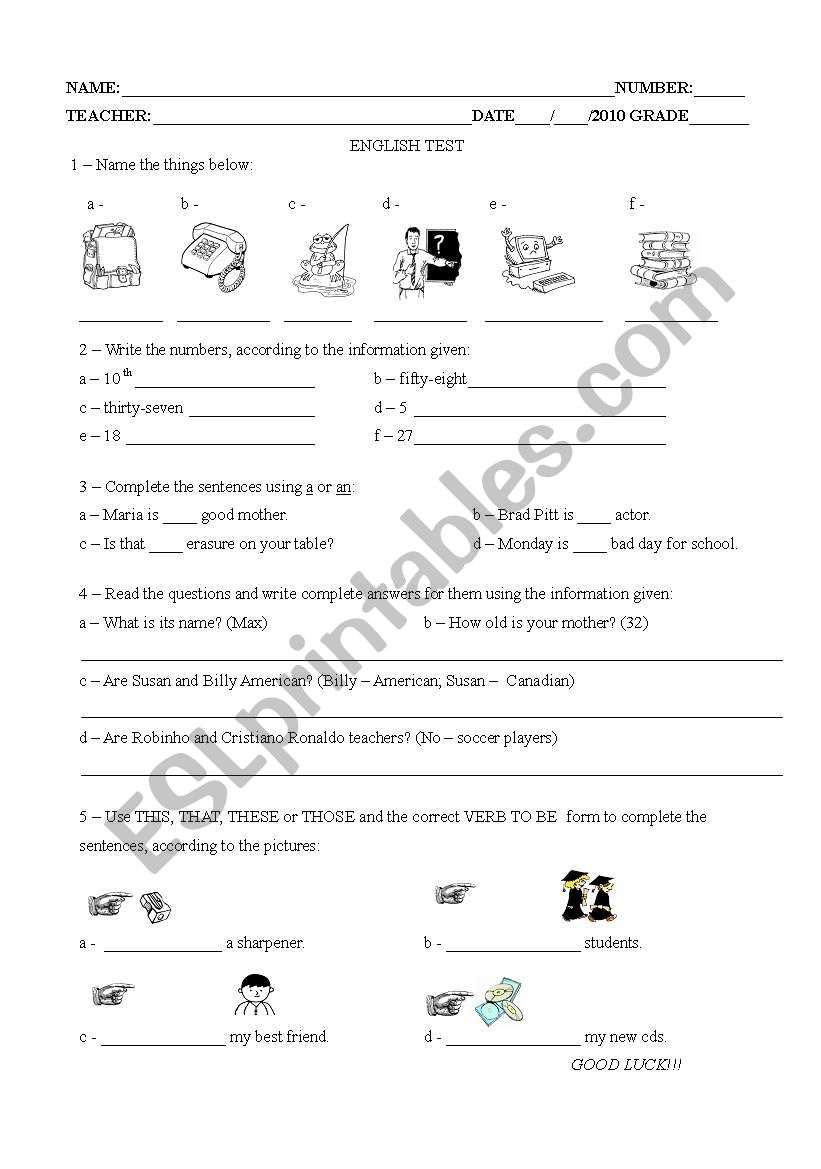 English test worksheet