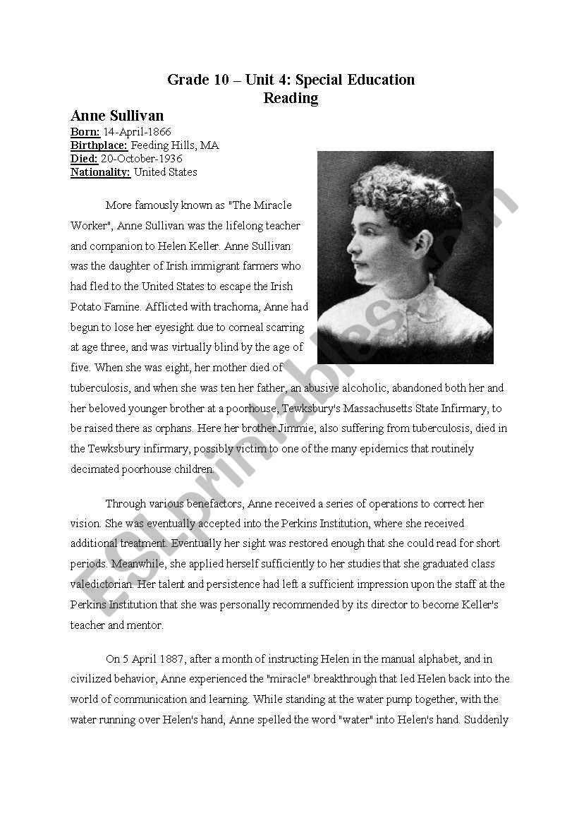 Anne Sullivan - Teacher of miraculous Helen Keller