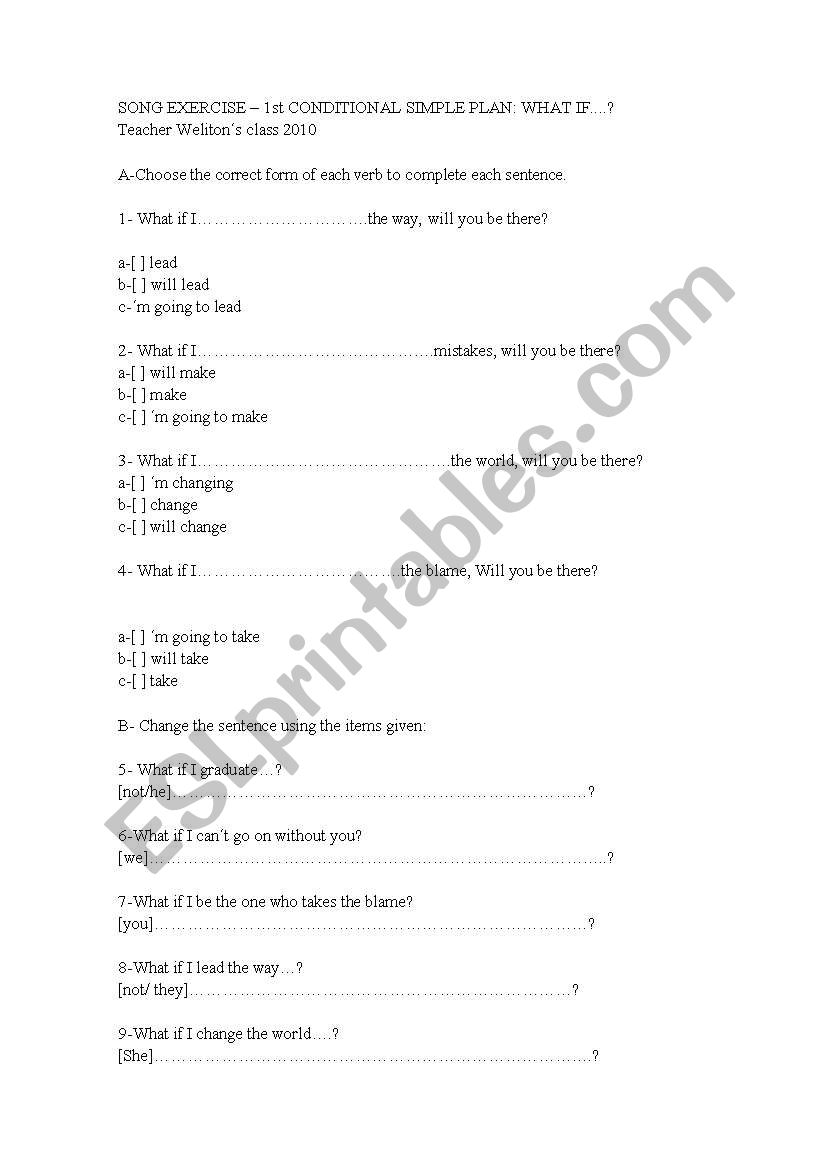 SONG EXERCISE : 1st CONDITIONAL - WHAT IF? - SIMPLE PLAN