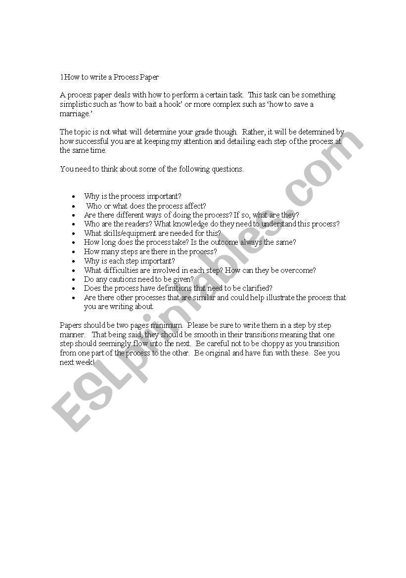 Process Essay Handout worksheet